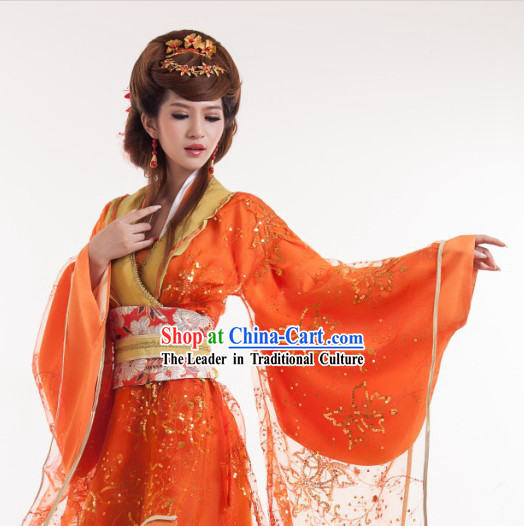 Orange Long Trail Ancient Chinese Tang Dynasty Outfit for Women