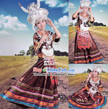Traditional Chinese Miao Silver Hat Necklace and Clothing for Ladies