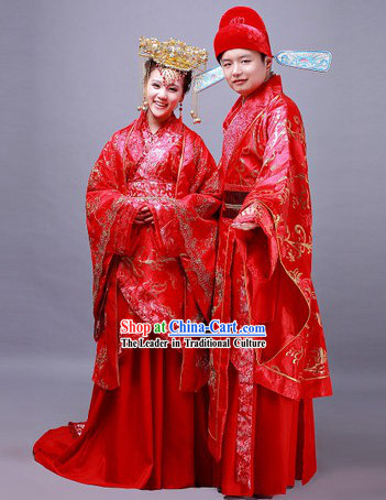 Traditional Chinese Wedding Dresses Clothing and Headwear for Bridegroom and Brides