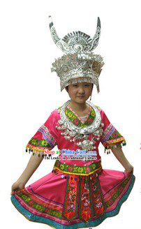Traditional Chinese Miao Silver Hat Necklace and Outfit for Girls