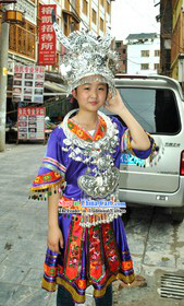 Blue Traditional Chinese Miao Silver Crown and Suit for Women