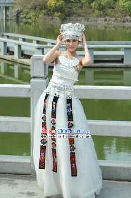 White Traditional Chinese Miao Silver Crown and Clothes