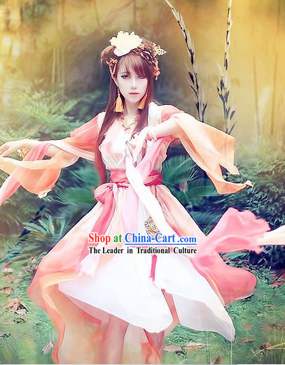 Pink and White Traditional Ancient Chinese Guzhuang Hanfu Fairy Clothing for Women