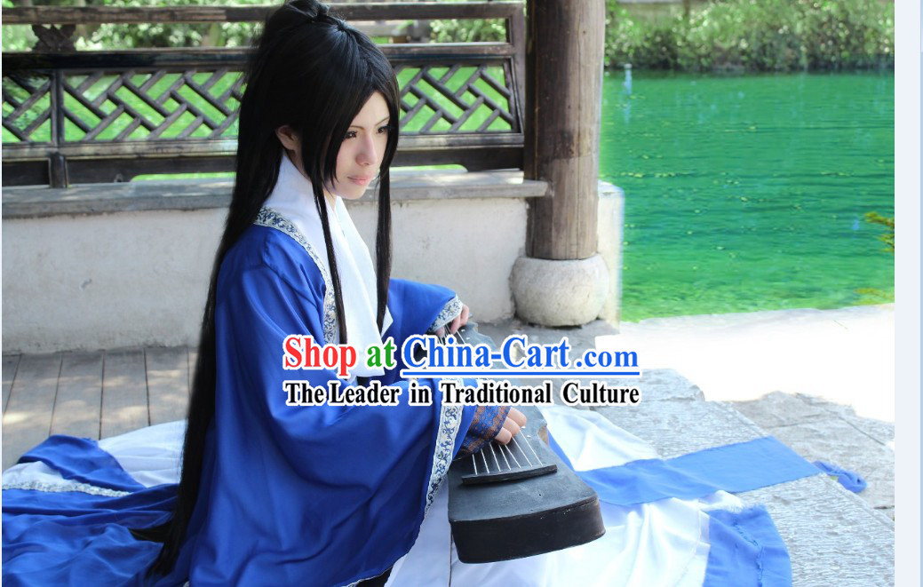 Ancient Chinese Blue Guzhuang Musician Clothes Complete Set