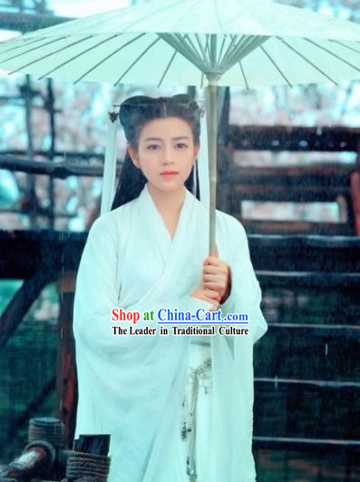 Ancient Chinese Pure White Dragon Lady Costume and Umbrella