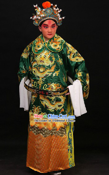Green Traditional Chinese Opera Dragon Embroidery Costumes and Hat for Men