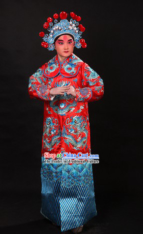 Red Traditional Chinese Opera Xue Pinggui Dragon Embroidery Jianyi Robe and Hat for Men