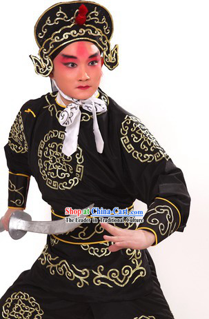 Black Traditional Chinese Opera Solider Character Suit and Hat for Men