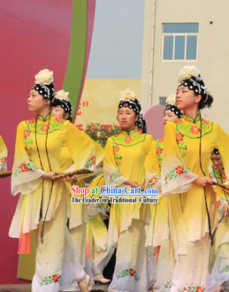 Yellow The Peach Blossom Fan Dance Costumes and Headwear for Women