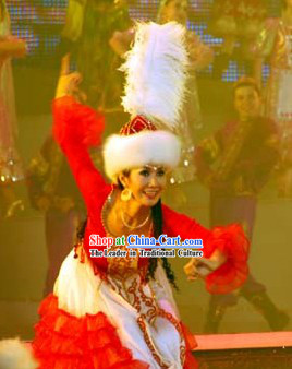 Traditional Chinese Ceremonial Xinjiang Clothes and Hat for Women
