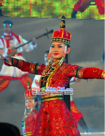 Traditional Chinese Mongolian Ethnic Clothing and Hat for Women