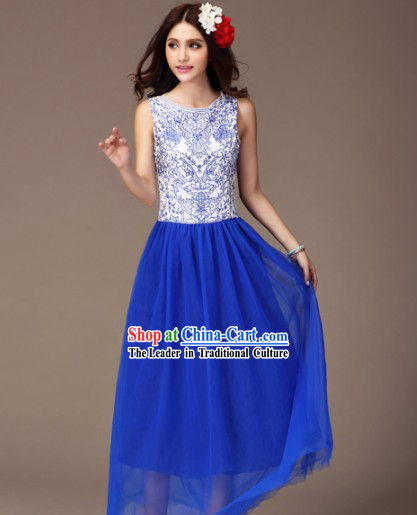 Blue and White Ceramics Style Mandarin Long Evening Dress