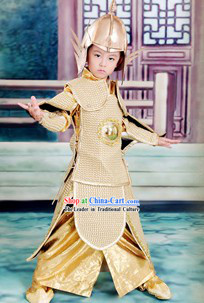 Ancient Traditional Chinese Emperor Armor Costumes and Hat Complete Set for Kids