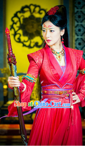 Ancient Chinese Red Swordswoman Costumes and Headpieces Full Set