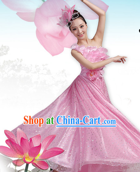 Professional Chinese Pink Lotus Dancing Costumes and Headwear Complete Set for Women