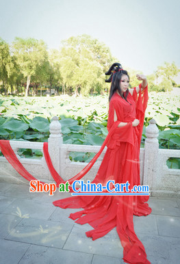 Red Chinese Hanfu Beauty Costumes and Headdress Complete Set