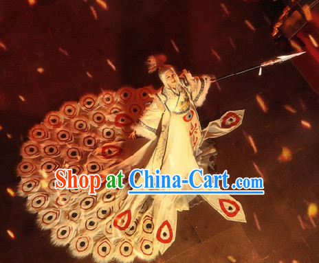 Ancient Chinese White Peacock Princess Costumes and Hair Accessories Complete Set