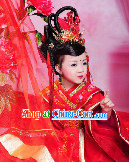 Chinese Traditional Wedding Dress and Headwear Complete Set for Children