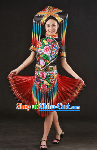 Top Guangxi Province Zhuang Recital Dance Costumes and Hat Complete Set