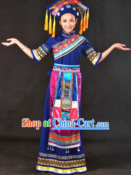 Zhuang Ethnic Minority Singer Costumes and Hat Complete Set
