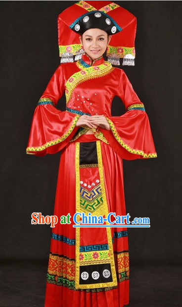 Traditional Chinese Zhuang Wedding Dresses and Hat for Women