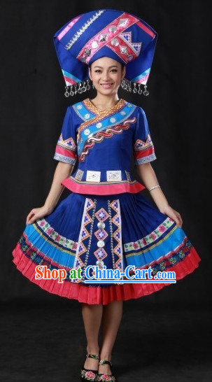 Chinese Zhuang Ethnic Minority Costumes and Hat Complete Set