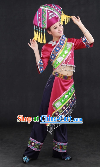 Zhuang Ethnic Minority Folk Rcital Costumes and Hat Complete Set
