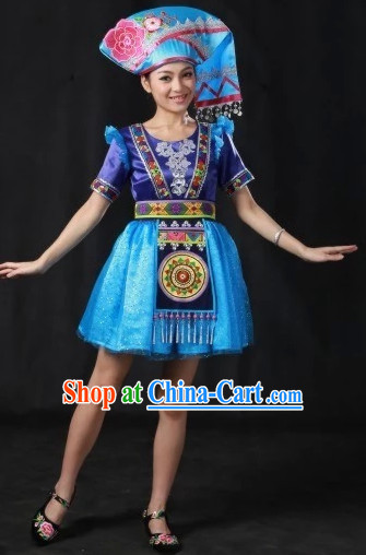 Zhuang National Dance Costumes and Hat Complete Set for Women