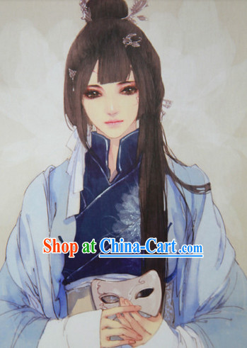 Chinese Traditional Black Guzhuang Hanfu Wig and Hair Accessories for Girls