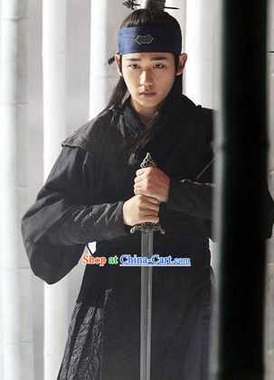 Traditional Korean Black Swordsman Outfit and Headwear Complete Set