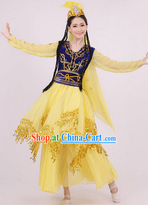 Traditional Xinjiang Dance Costumes and Headwear for Girls