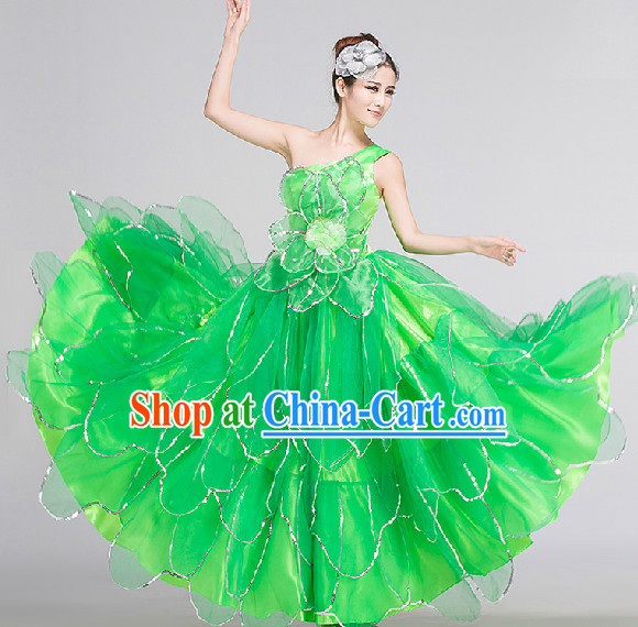 Green Group Dance Costumes Complete Set for Women