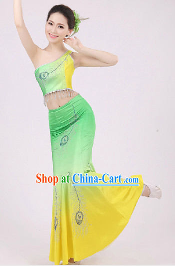 Traditional Chinese Dai Dancing Costumes and Headwear Complete Set for Women