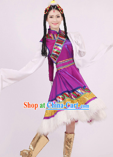 Traditional Chinese Tibetan Dancing Costumes and Headwear Complete Set for Women