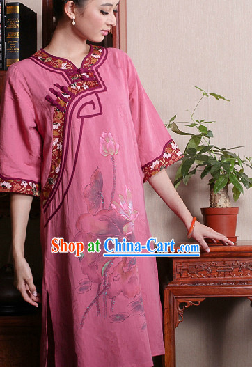 Hands Painted Lotus Mandarin Traditional Long Blouse for Women