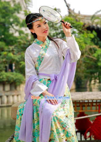 Traditional Chinese Fan Dancewear and Headwear Complete Set for Women