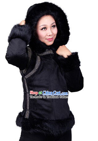 Traditional Chinese Black Mongolian Winter Jacket for Women