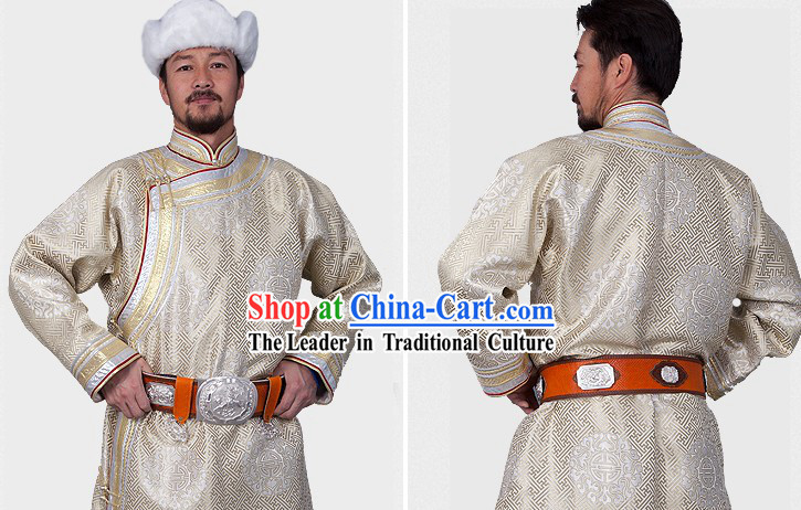Traditional Chinese Mongolian Long Robe Clothing and Hat for Men