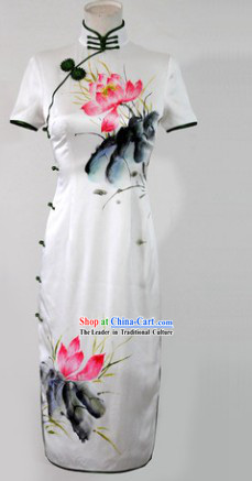 Chinese Classical Silk Hands Painted Lotus Long Cheongsam for Women