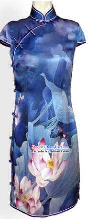 Chinese Silk Blue Lotus Qipao