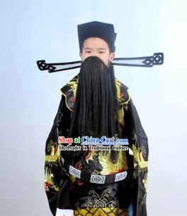 Traditional Chinese Black Embroidered Dragon Costumes Mang Pao and Hat Complete Set for Kids