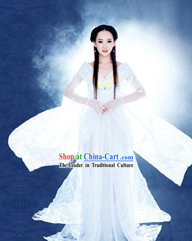 Ancient Chinese White Fairy Low Collar Costumes and Headpieces