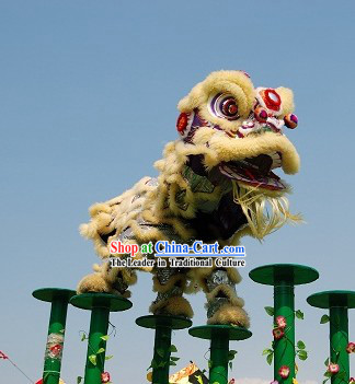 Beige and Silver Long Wool Lion Dance Show Costumes Complete Set