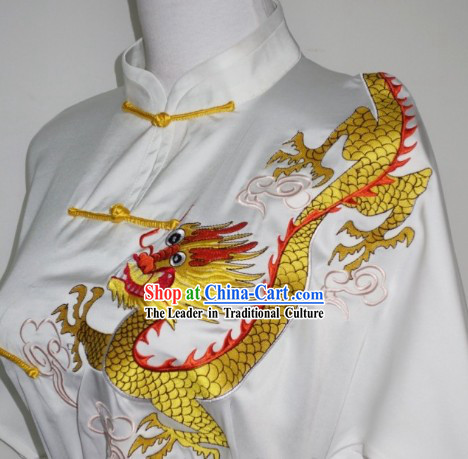 White Silk Broadcloth Embroidered Gold Dragon Kung Fu Uniform Complete Set