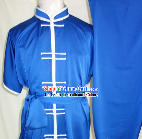 Silk Blue Dress Pants and Soft Belt Kung Fu Practice Clothing Complete Set