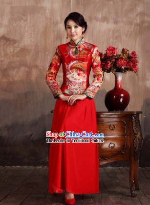 Classical Red Phoenix Wedding Mandarin Dress and Skirt Complete Set for Brides