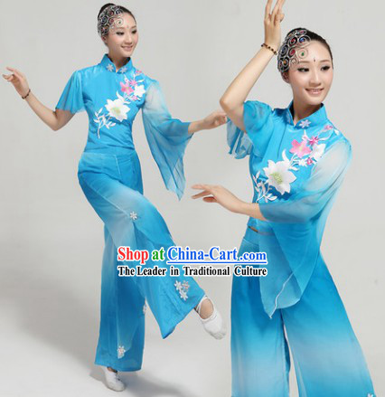 Blue Chinese Group Fan Dance Costumes and Headwear Complete Set for Women