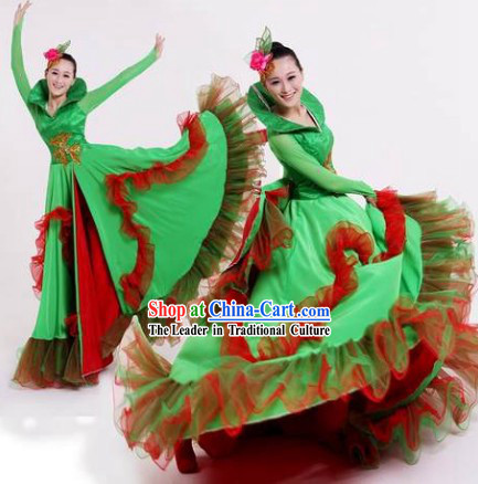 Green Opening Dance Group Dance Costumes and Headwear Complete Set for Women