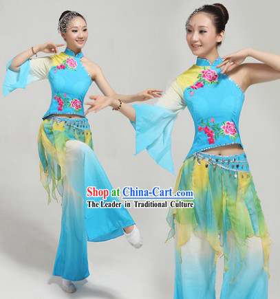 Blue Fan Dance Group Dance Singing Group Performance Costumes and Headwear Complete Set for Women