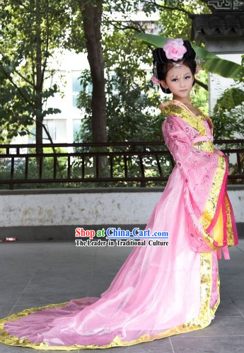 Pink Ancient Chinese Princess Costumes and Hair Accessories Complete Set for Children